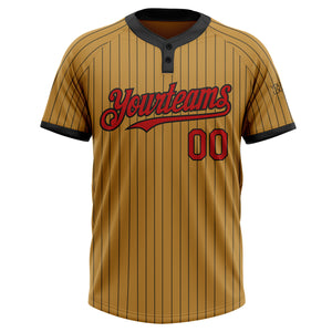 Custom Old Gold Black Pinstripe Red Two-Button Unisex Softball Jersey