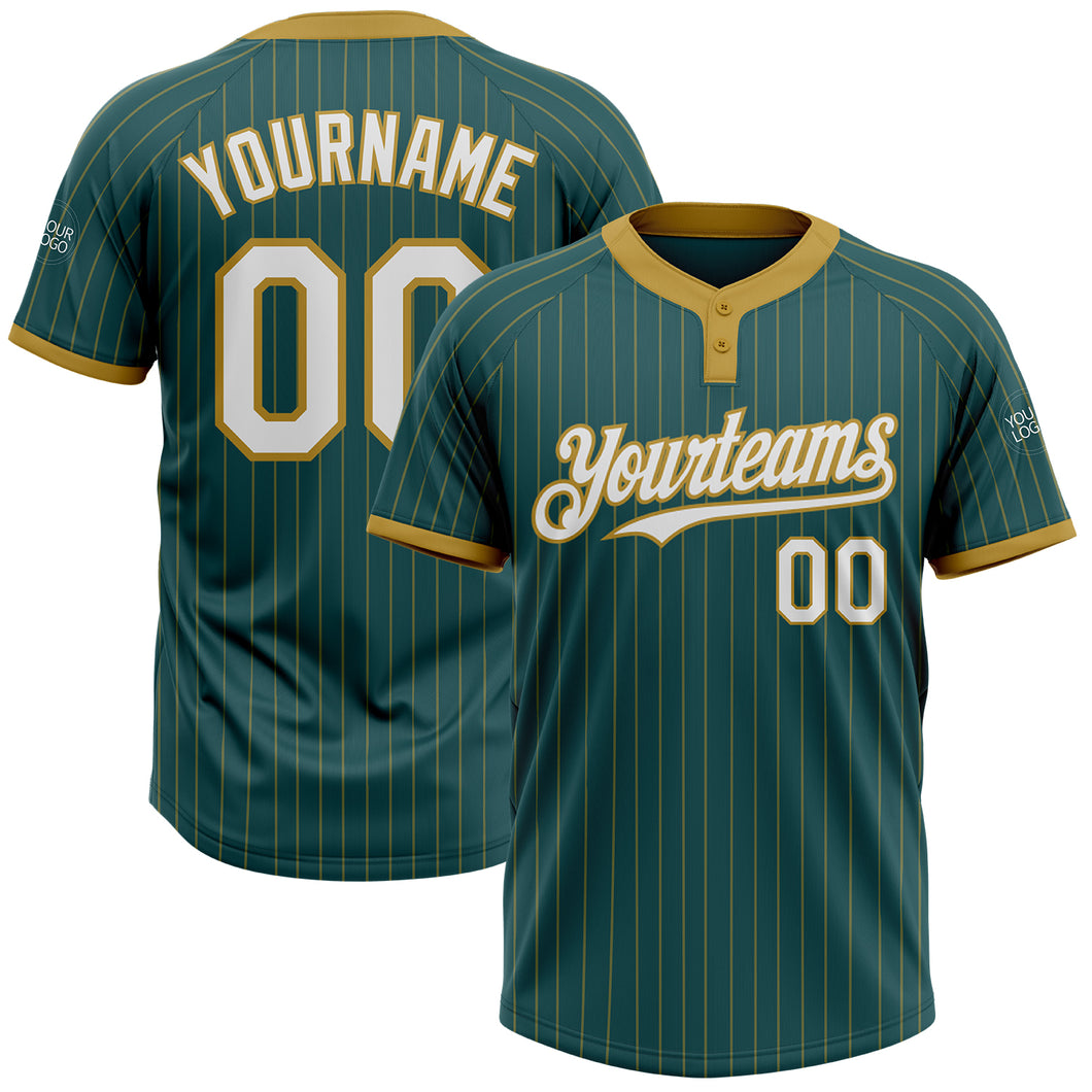 Custom Midnight Green Old Gold Pinstripe White Two-Button Unisex Softball Jersey