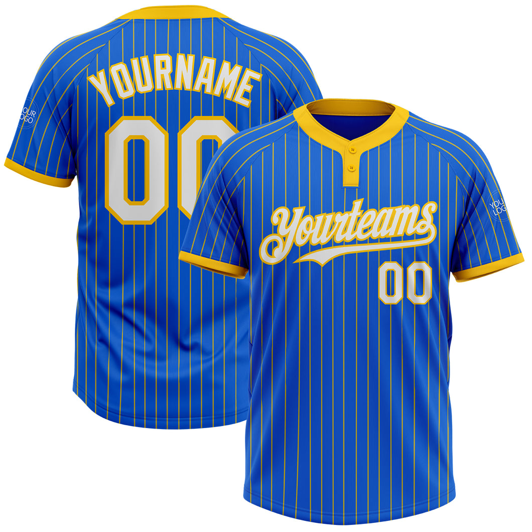 Custom Thunder Blue Yellow Pinstripe White Two-Button Unisex Softball Jersey