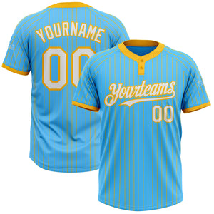 Custom Sky Blue Gold Pinstripe White Two-Button Unisex Softball Jersey