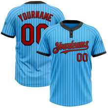 Load image into Gallery viewer, Custom Sky Blue Black Pinstripe Red Two-Button Unisex Softball Jersey

