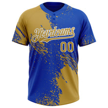 Load image into Gallery viewer, Custom Old Gold Thunder Blue-White 3D Pattern Abstract Brush Stroke Two-Button Unisex Softball Jersey
