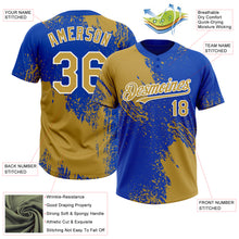 Load image into Gallery viewer, Custom Old Gold Thunder Blue-White 3D Pattern Abstract Brush Stroke Two-Button Unisex Softball Jersey
