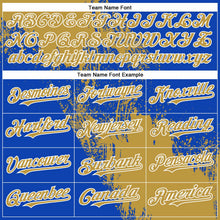 Load image into Gallery viewer, Custom Old Gold Thunder Blue-White 3D Pattern Abstract Brush Stroke Two-Button Unisex Softball Jersey

