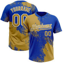 Load image into Gallery viewer, Custom Old Gold Thunder Blue-White 3D Pattern Abstract Brush Stroke Two-Button Unisex Softball Jersey

