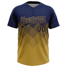 Load image into Gallery viewer, Custom Navy Old Gold 3D Gradient Square Shape Two-Button Unisex Softball Jersey
