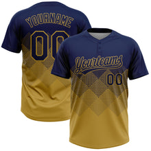 Load image into Gallery viewer, Custom Navy Old Gold 3D Gradient Square Shape Two-Button Unisex Softball Jersey
