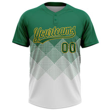 Load image into Gallery viewer, Custom Kelly Green White-Gold 3D Gradient Square Shape Two-Button Unisex Softball Jersey
