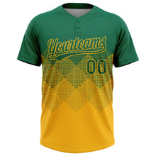 Load image into Gallery viewer, Custom Kelly Green Gold 3D Gradient Square Shape Two-Button Unisex Softball Jersey

