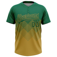 Load image into Gallery viewer, Custom Kelly Green Old Gold 3D Gradient Square Shape Two-Button Unisex Softball Jersey
