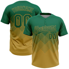 Load image into Gallery viewer, Custom Kelly Green Old Gold 3D Gradient Square Shape Two-Button Unisex Softball Jersey
