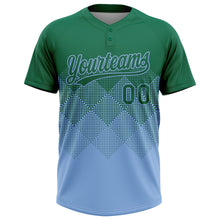 Load image into Gallery viewer, Custom Kelly Green Light Blue 3D Gradient Square Shape Two-Button Unisex Softball Jersey
