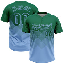 Load image into Gallery viewer, Custom Kelly Green Light Blue 3D Gradient Square Shape Two-Button Unisex Softball Jersey
