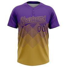 Load image into Gallery viewer, Custom Purple Old Gold 3D Gradient Square Shape Two-Button Unisex Softball Jersey
