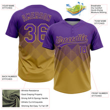Load image into Gallery viewer, Custom Purple Old Gold 3D Gradient Square Shape Two-Button Unisex Softball Jersey
