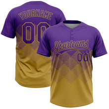 Load image into Gallery viewer, Custom Purple Old Gold 3D Gradient Square Shape Two-Button Unisex Softball Jersey
