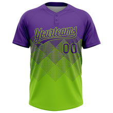 Load image into Gallery viewer, Custom Purple Neon Green 3D Gradient Square Shape Two-Button Unisex Softball Jersey
