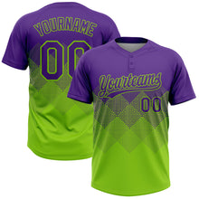 Load image into Gallery viewer, Custom Purple Neon Green 3D Gradient Square Shape Two-Button Unisex Softball Jersey
