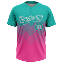 Load image into Gallery viewer, Custom Aqua Pink-White 3D Gradient Square Shape Two-Button Unisex Softball Jersey
