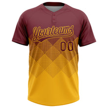 Load image into Gallery viewer, Custom Burgundy Gold 3D Gradient Square Shape Two-Button Unisex Softball Jersey
