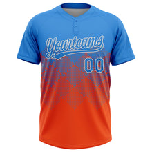 Load image into Gallery viewer, Custom Electric Blue Orange-White 3D Gradient Square Shape Two-Button Unisex Softball Jersey
