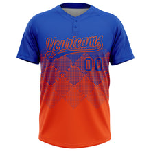 Load image into Gallery viewer, Custom Thunder Blue Orange 3D Gradient Square Shape Two-Button Unisex Softball Jersey
