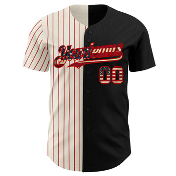 Custom Black Vintage USA Flag Cream-Red Pinstripe Authentic Split Fashion Baseball Jersey