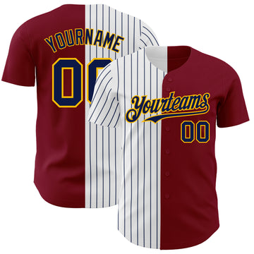 Custom Crimson Gold-Navy Pinstripe Authentic Split Fashion Baseball Jersey