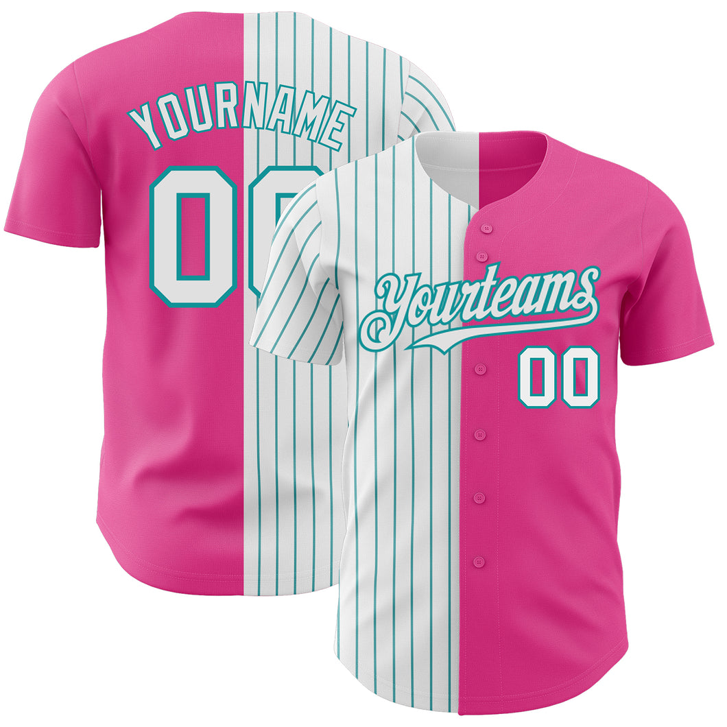 Custom Pink White-Teal Pinstripe Authentic Split Fashion Baseball Jersey