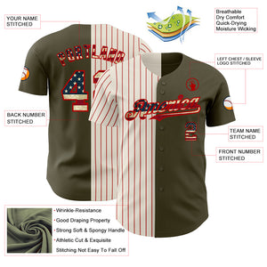 Custom Olive Vintage USA Flag Cream-Red Pinstripe Authentic Split Fashion Salute To Service Baseball Jersey