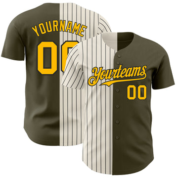 Custom Olive Gold Cream-Black Pinstripe Authentic Split Fashion Salute To Service Baseball Jersey