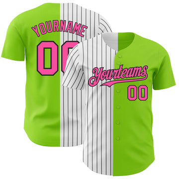 Custom Neon Green Pink-Black Pinstripe Authentic Split Fashion Baseball Jersey