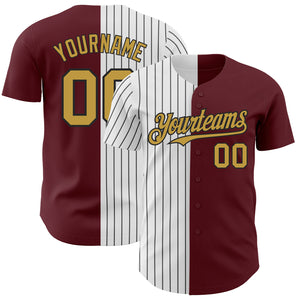 Custom Burgundy Old Gold-Black Pinstripe Authentic Split Fashion Baseball Jersey