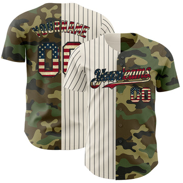 Custom Camo Vintage USA Flag Cream-Black Pinstripe Authentic Split Fashion Salute To Service Baseball Jersey