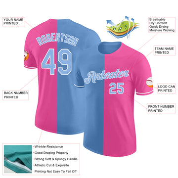 Custom Pink Light Blue-White Split Fashion Performance T-Shirt