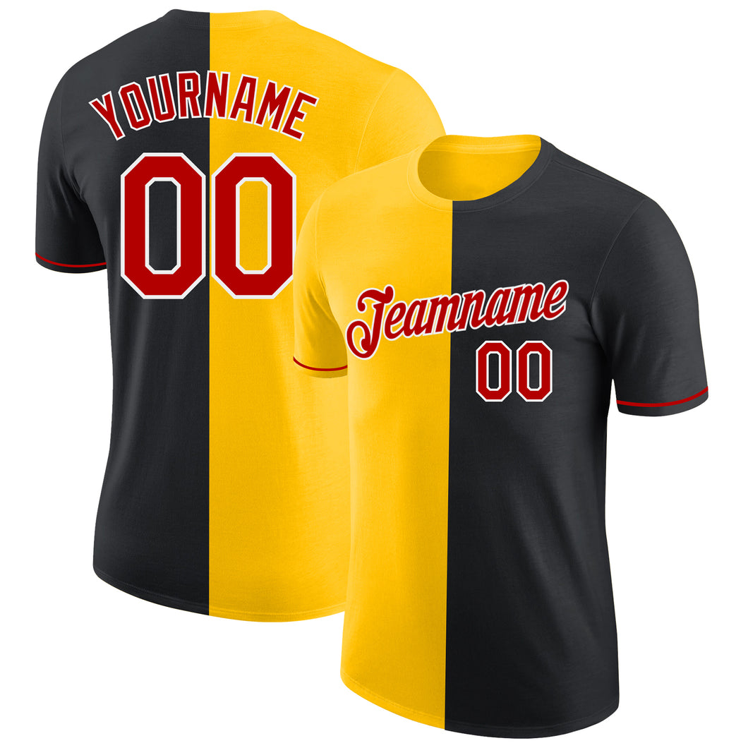 Custom Black Red-Yellow Split Fashion Performance T-Shirt