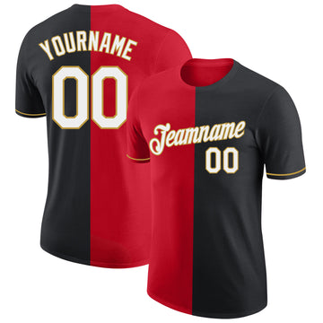 Custom Black Red-Old Gold Split Fashion Performance T-Shirt