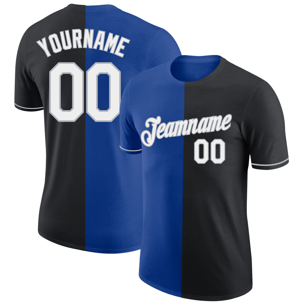 Custom Black Royal-Gray Split Fashion Performance T-Shirt