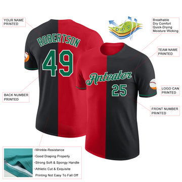 Custom Black Kelly Green-Red Split Fashion Performance T-Shirt