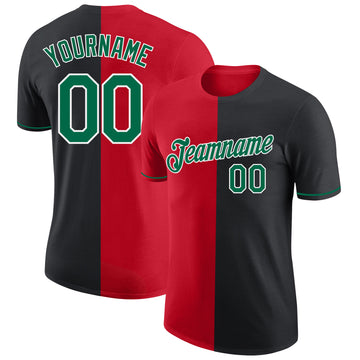 Custom Black Kelly Green-Red Split Fashion Performance T-Shirt