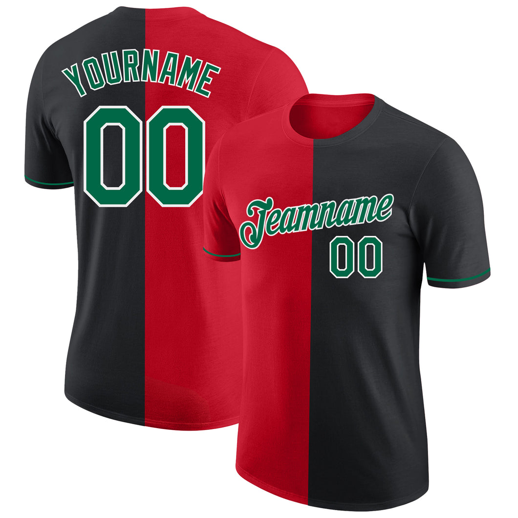 Custom Black Kelly Green-Red Split Fashion Performance T-Shirt