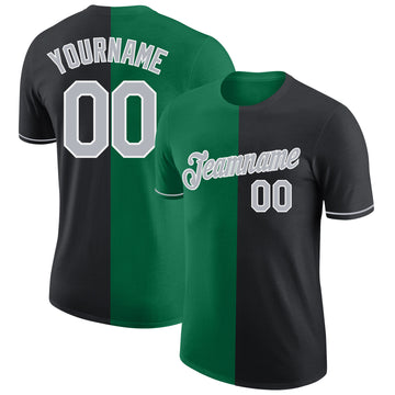 Custom Black Gray-Kelly Green Split Fashion Performance T-Shirt