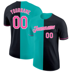 Custom Black Pink-Aqua Split Fashion Performance T-Shirt