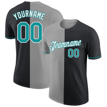 Custom Black Teal-Gray Split Fashion Performance T-Shirt