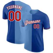 Load image into Gallery viewer, Custom Royal Red-Light Blue Split Fashion Performance T-Shirt
