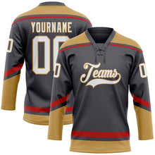 Load image into Gallery viewer, Custom Steel Gray White Old Gold-Red Hockey Lace Neck Jersey
