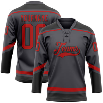 Custom Steel Gray Red-Black Hockey Lace Neck Jersey