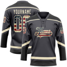 Load image into Gallery viewer, Custom Steel Gray Vintage USA Flag Cream-Black Hockey Lace Neck Jersey
