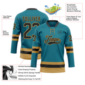 Custom Teal Black-Old Gold Hockey Lace Neck Jersey