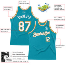 Load image into Gallery viewer, Custom Teal White-Old Gold Authentic Throwback Basketball Jersey
